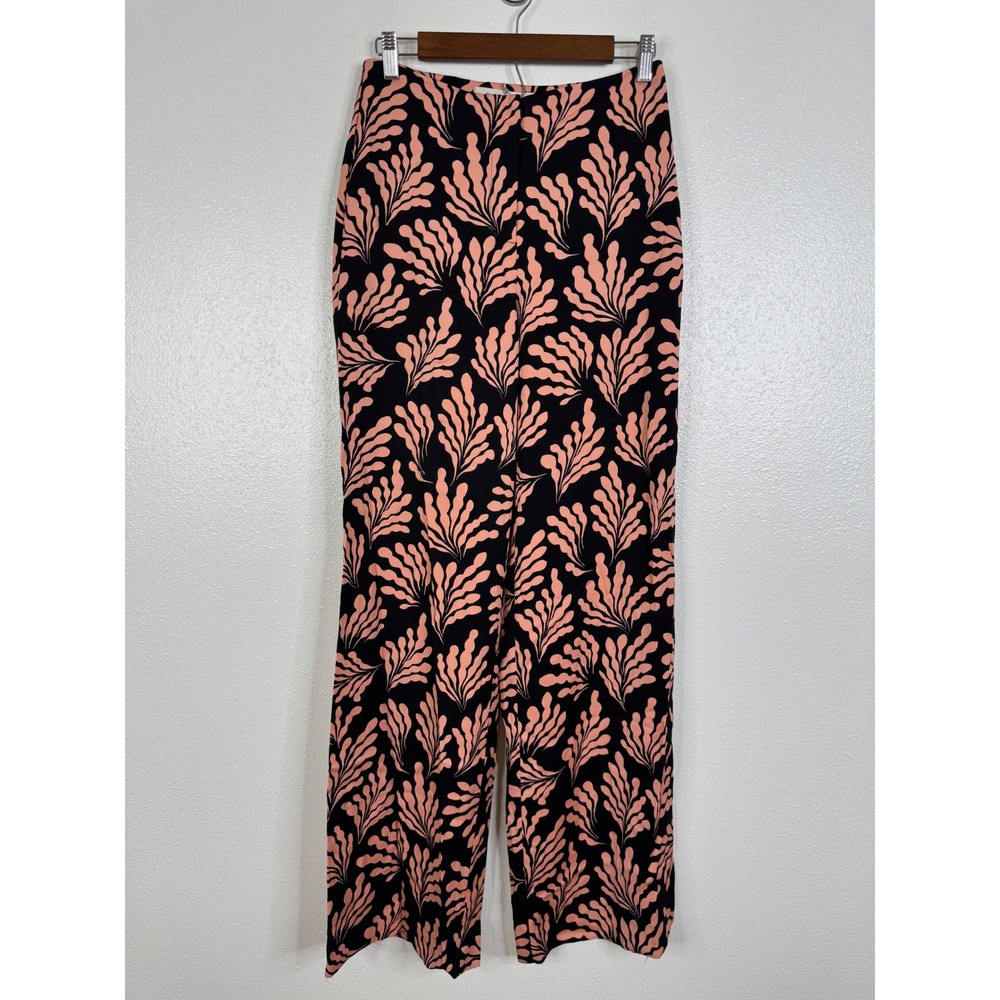Diane von Furstenberg Black Peach Leaf Print Wide Leg Trousers Pants 2